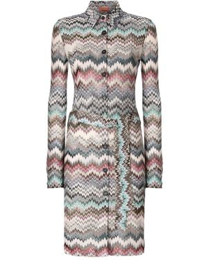 Missoni Chevron-Pattern Belted Midi Shirt Dress - Gray