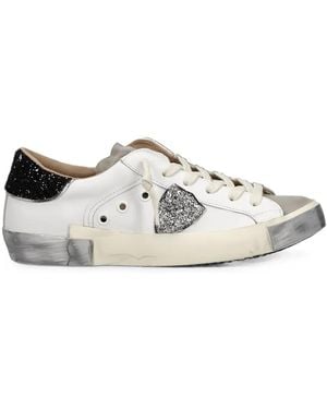 Philippe Model Prsx Glitter-Panelled Leather Sneakers - White