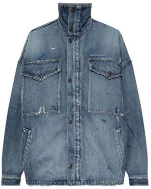 Balenciaga Logo-Print Paint-Splatter Denim Jacket - Blue