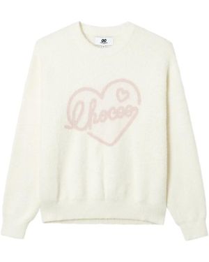 Chocoolate Heart-Intarsia Fluffy Sweater - White
