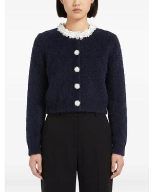 Self-Portrait Flower-Button Pearl-Trim Cardigan - Blue