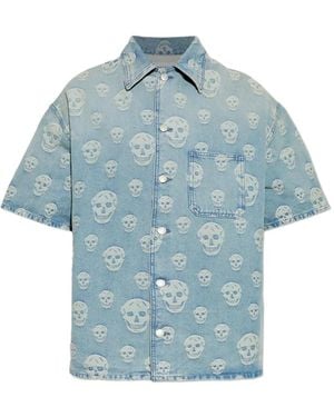 McQueen Skull-Jacquard Short-Sleeve Shirt - Blue