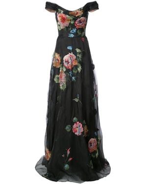 Marchesa Floral-Embroidered Off-The-Shoulder Gown - Black