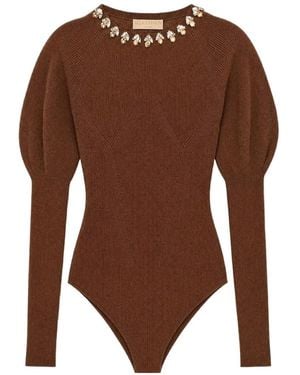 Ulla Johnson Imara Crystal-Embellished Puff-Sleeve Bodysuit - Brown