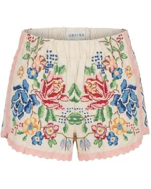 ORSINA Floral-Embroidered Scalloped Shorts - White