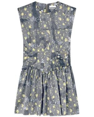 Ganni Robe Courte À Fleurs - Gris