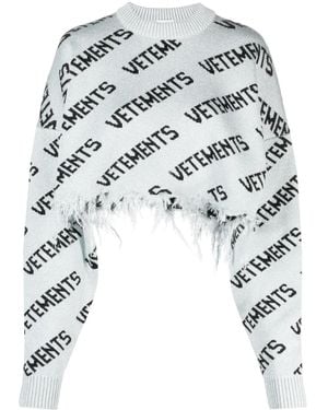 Vetements Frayed-Hem Intarsia-Knit Sweater - White