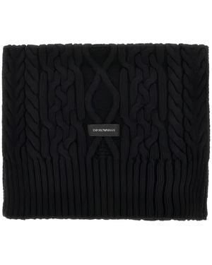 Emporio Armani Cable-Knit Logo-Patch Scarf - Black