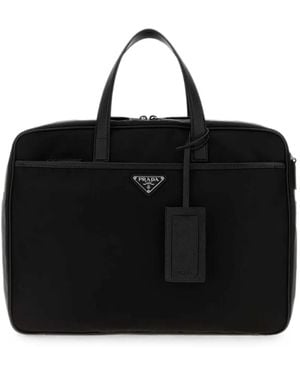 Prada Saffiano Leather-Trim Briefcase - Black