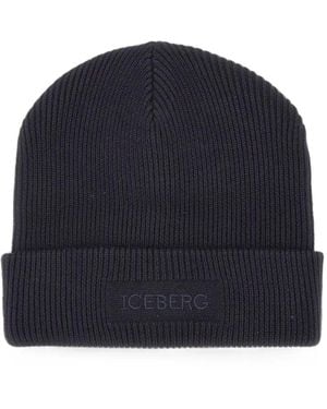 Iceberg Ribbed-Knit Embroidered Beanie Hat - Blue