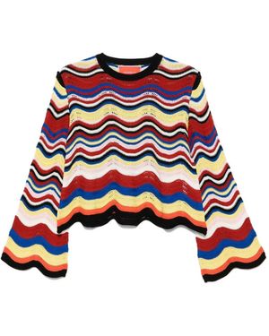 La DoubleJ Wave-Pattern Bell-Sleeve Sweater - Red