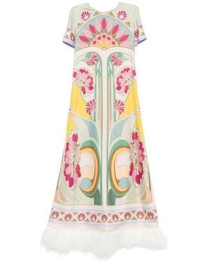 La DoubleJ Tulip Placée-Print Feather-Trim Maxi Dress - White