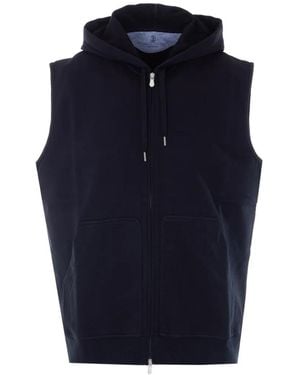 Brunello Cucinelli Techno Cotton French Terry Sleeveless Sweatshirt With Zipper And Hood - Blue
