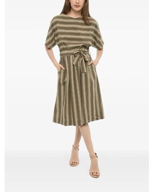 Woolrich Midi Bayadere-Striped Belted Dress - Natural