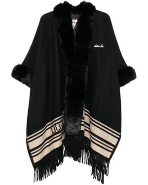 Liu Jo Fur-Trimmed Striped Poncho - Black