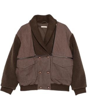 Sessun Double-Breasted Fleece-Sleeve Jacket - Brown