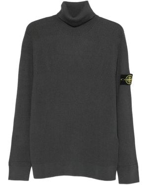 Stone Island Ribbed Knit Turtleneck Jumper With Compass Logo - Black