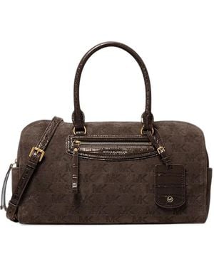 Michael Kors Jet Set Travel Medium Logo Embossed Suede Duffel Crossbody Bag - Brown