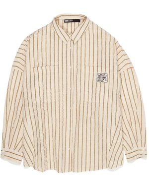 Bimba Y Lola Ocher Striped Textured Cotton Oversize Shirt - Natural