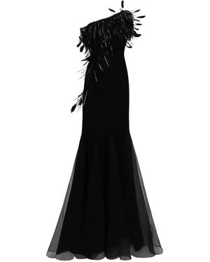 Gemy Maalouf Asymmetrical Feather Neckline Dress - Black