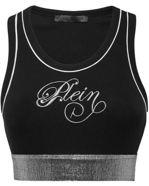 Philipp Plein Ribbed-Knit Logo-Embroidered Top - Black