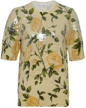 Oscar de la Renta English Rose-Print Sequin-Embellished Jumper - Green