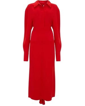Victoria Beckham Long-Sleeve Polo-Collar Midi Dress - Red