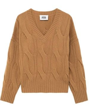Alpha Studio Cable-Knit V-Neck Jumper - Natural