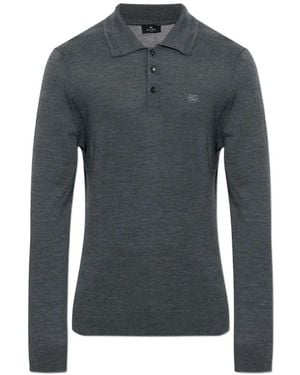 Etro Long-Sleeved Wool And Silk Knit Polo Shirt With Logo Embroidery - Blue