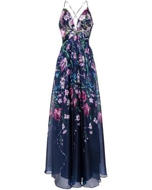 Marchesa Ribbons Floral-Print Chiffon Gown - Blue