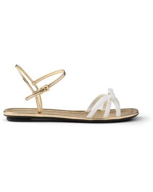 Prada Flat Patent And Metallic Leather Sandals - White