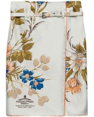 Prada Floral-Print Silk Midi Skirt - White