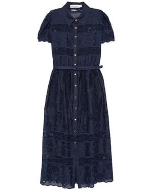 Self-Portrait Embroidered Belted Midi Dress - Blue