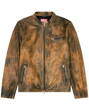 DIESEL Distressed Leather Jacket With Structured Fit - Brown