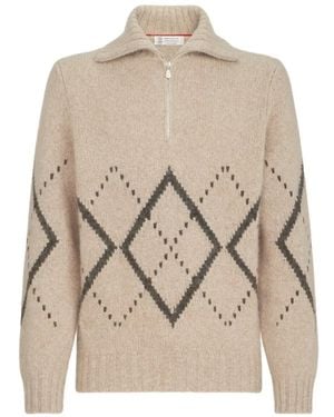 Brunello Cucinelli Kaschmirpullover Mit Argyle-Intarsie Und Kurzem Reißverschluss - Natur