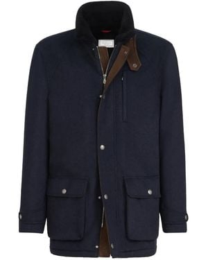 Brunello Cucinelli Bonded Cashmere Beaver Cloth Field Jacket With Shearling Lining And Nappa Leather Inserts - Blue