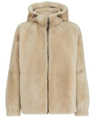 Brunello Cucinelli Shearling Hooded Outerwear Jacket With Shiny Zipper Pull - Natural