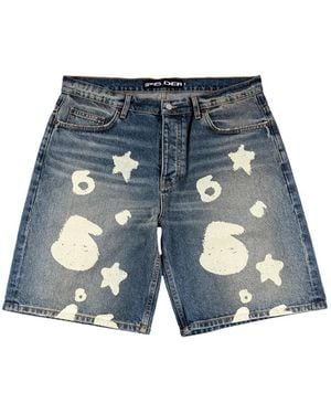 Sp5der Graphic-Print Denim Shorts - Blue