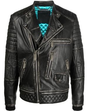 Philipp Plein Logo-Plaque Leather Biker Jacket - Black