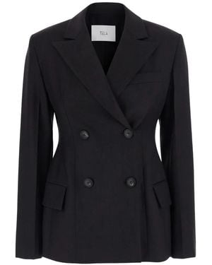 Tela Double-Breasted Peaked-Lapels Blazer - Black