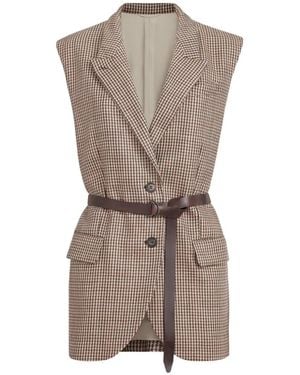 Brunello Cucinelli Chaleco Con Motivo Pied De Poule Y Detalles De Piel, Cinturón Y Monili - Neutro