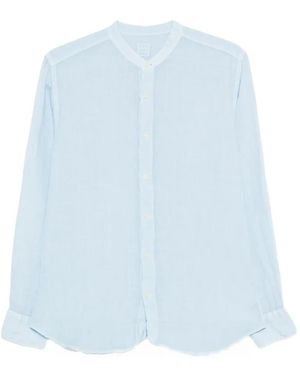 120% Lino Camicia Con Colletto Alla Coreana - Blu