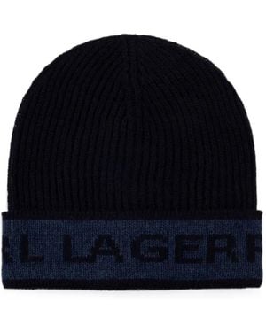KARL LAGERFELD Logo-Intarsia Ribbed-Knit Beanie Hat - Blue