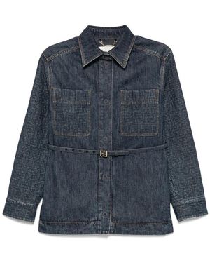 Fendi Belted Logo-Embossed Denim Jacket - Blue