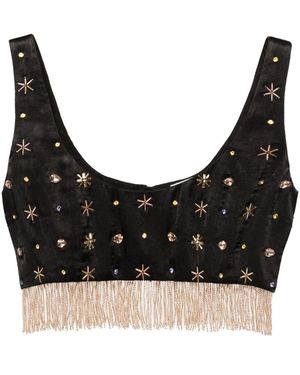 forte_forte Fringed Bead-Embellished Crop Top - Black