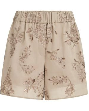 Brunello Cucinelli Pantalones Cortos De Organza Con Bordado Inglés - Neutro