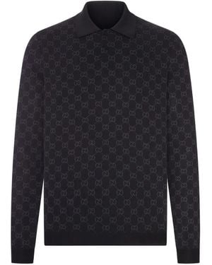 Gucci Polo Con Logo Gg En Jacquard - Azul