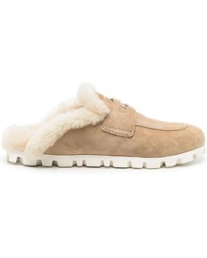 Miu Miu Shearling Suede Mules - Natural