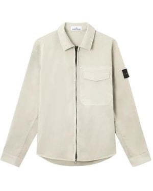 Stone Island 1200015 Stretch Organic Cotton Satin Regular-Fit Overshirt With Concealed Zip - White