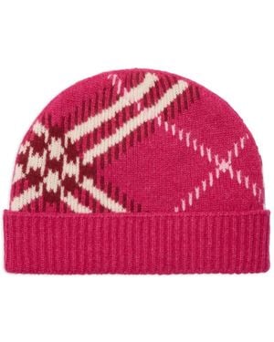 Burberry Check-Pattern Jacquard Beanie Hat - Red